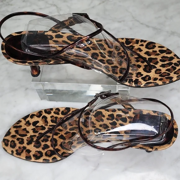 Stuart Weitzman Kitten Heel Sandals Strappy Thong Animal Print Brown Slingback 9 - Picture 7 of 15